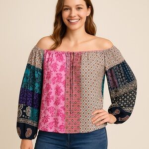 NWT Easel Patchwork Tie-Front Blouse Boho On/Off-Shoulder Top Large
